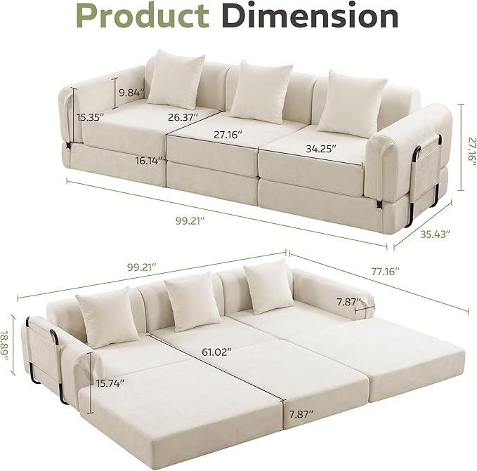 100" Convertible Sleeper Sofa Bed, Oversized Modular Sectional Cloud Sofa with Fixed-Shape Frame & Tabletop, Boneless Couch with Storage Pocket for Living Room, No Assembly Required, Beige