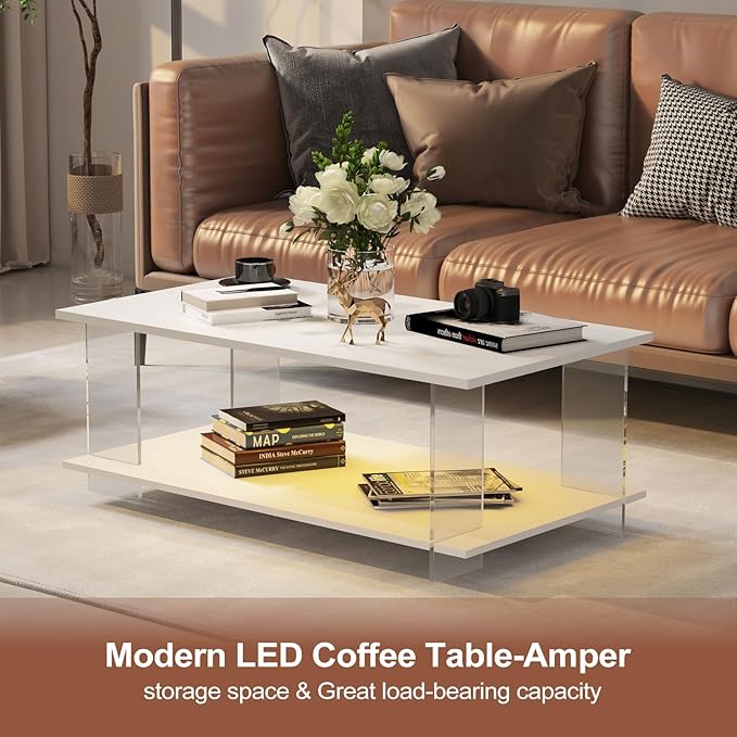 43" Acrylic Coffee Table with White Wood Top, Minimalist Stylish Modern Rectangular Center Tables for Living Room, Led Living Room Table with Storage Shelf & Acrylic Frame for Small Space