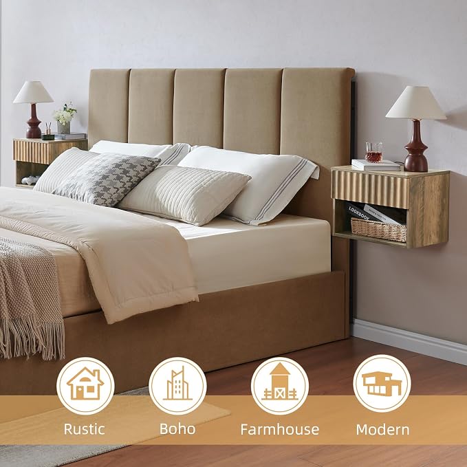 BuildHom Floating Nightstand with Fluted Drawer - Modern Wall Mounted Bedside Table with Open Storage Shelf, Small Night Stand TV Stand for Bedroom(Rustic Brown) - Image 4