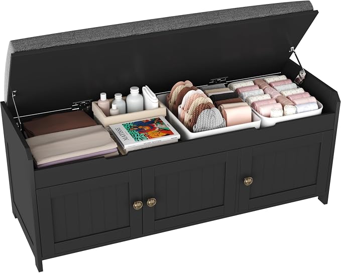 HOMEFORT 41.3" Shoe Bench with Lift Top Storage, Entryway Bench with Cushioned Seat, Wooden End of Bed Bench, Shoe Cabinet Bench with Hidden Storage Space, for Bedroom, Hallway,Black by HOMEFORT