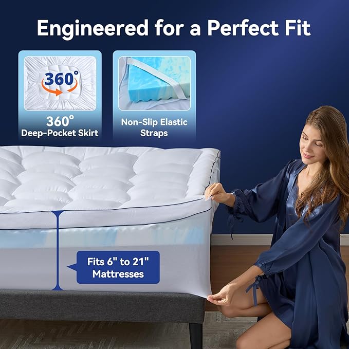Queen Size 4 Inch Dual Layer Mattress Topper, 2 Inch Fluffy Soft Pillow Top Mattress Pad Cover and 2 Inch Gel Memory Foam for Back Pain Relief, Breathable, Cooling