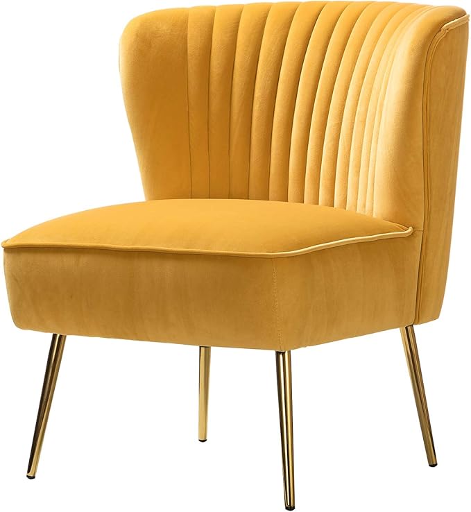 HULALA HOME Velvet Accent Chair, Modern Upholstered Cute Side Chair with Gold Metal Legs, Armless Wingback Slipper Chair Comfy Living Room Chair for Bedroom Guest Room Vanity, Mustard