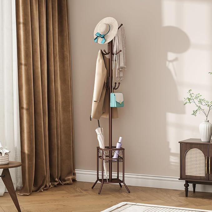 ELYKEN Coat Rack Freestanding, Metal Coat Rack Stand with Umbrella Holder, Modern Coat Tree with 12 Hooks, Floor Standing Corner Hall Tree for Entryway Living Room Bedroom Office, Brown - Image 6