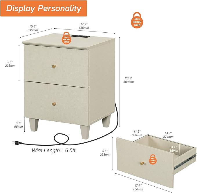 WAMPAT Dresser and Nightstands 3 Pieces, Wooden Dresser with 6 Drawers, Set of 2 Night Stands with Charging Stations, Bedroom Chest of Drawers and Wood Bedside Tables Set, Beige Linen Textured
