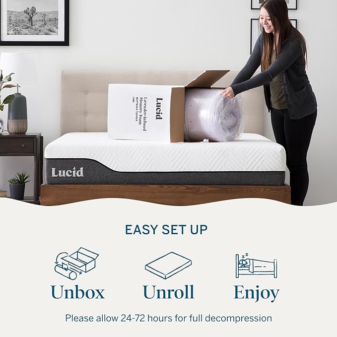 Lucid 4 Inch Lavender Memory Foam Mattress Topper, Queen Size – Essential Oil Infusion – Ultra Plush Feel, Pressure-Relieving Bed Topper – Ventilated and Breathable – CertiPur Certified
