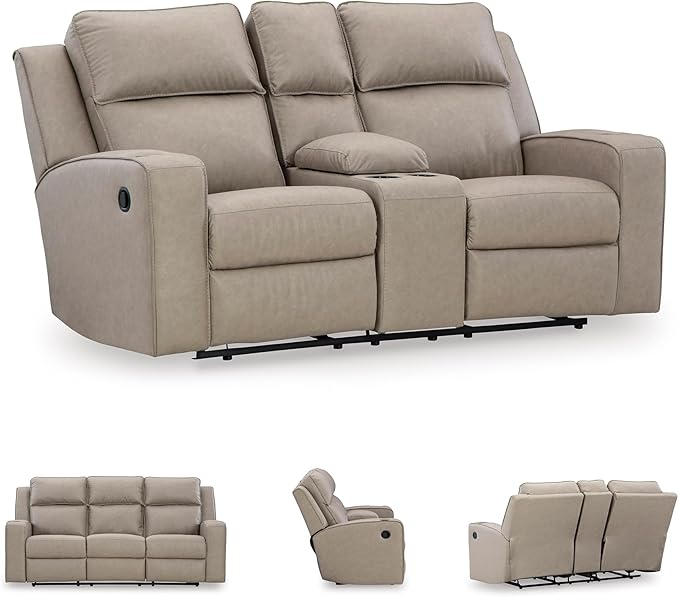 Signature Design by Ashley Lavenhorne Contemporary Faux Leather Manual Reclining Loveseat with Console and Cup Holders, Beige