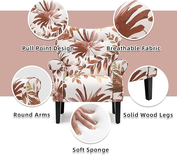 YOLENY Mid Century Wingback Arm Chair,Modern Upholstered Fabric High Back Accent Chair with Wood Legs,Upholstered Single Sofa Club Chair for Living Room, Bedroom, Home Office,Red Leaves