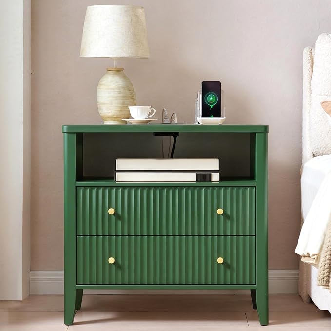 Fluted Nightstand with Charging Station Set of 2, 27.3" Tall Modern Bedside Table with 2 Drawers & Open Shelf, Large Wide Wood End Table with Storage & Metal Handle for Bedroom, Green - Image 3
