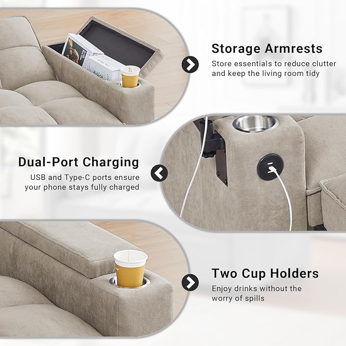 3 in 1 Sofa Bed, 65 Inches Convertible Loveseat Sleeper with Side Table, Pull Out Couch with 3 Level Adjustable Backrest, Chaise Lounge with USB and Type-C Ports for Living Room, Khaki