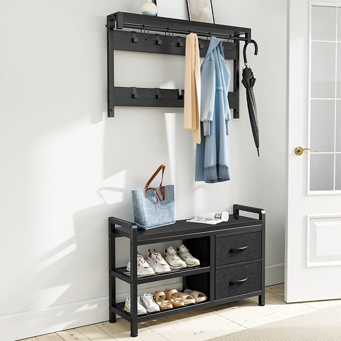 Lulive Hall Tree, 31.5” Entryway Bench with Coat Rack freestanding, 5 in 1 Intelligent Design Shoe Bench and Wall Rack 17 Hooks and Drawers (Black) - Image 2