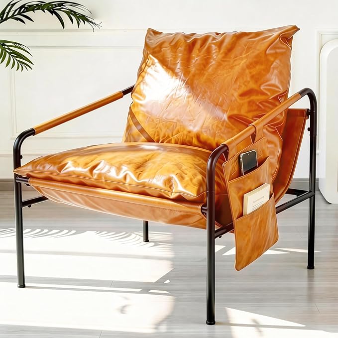 Modern Bright Orange Oversized Faux Leather Recliner Armchair, Comfy Accent Chair with Sturdy Metal Frame Armrest Bag, Indoor Outdoor Couch Sofa Chair for Living Room Bedroom Patio Lounge