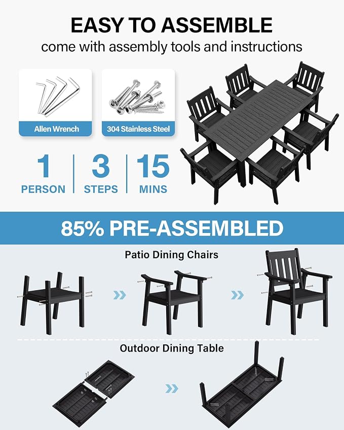 YEFU Outdoor Dining Table for 6: All Weather Rectangular Patio Table with Umbrella Hole and Aluminum Frame - Outdoor Furniture for Outside Backyard/Garden/Pool/Porch/Deck 300lbs Capacity Black - Image 2