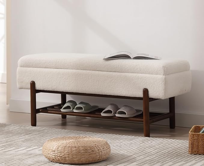 Shunzhi Modern Entryway Storage Bench, Upholstered Shoe Ottoman Bench, Flip-Top End of Bed Bench with Wood Shelf for Living Room/Bedroom/Hallway/Under Window,45Inches, Cream Faux Fur by Shunzhi