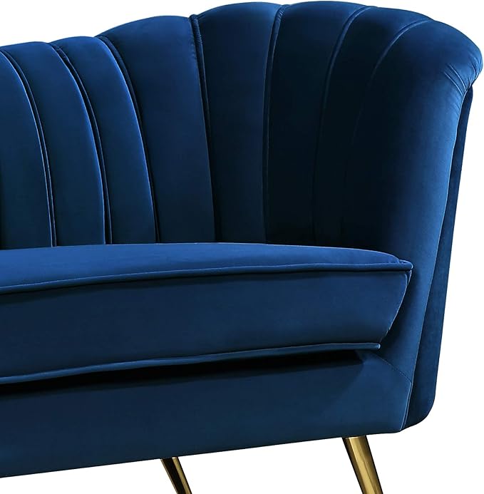 Meridian Furniture Margo Collection Modern | Contemporary Velvet Upholstered Sofa with Deep Channel Tufting and Rich Gold Stainless Steel Legs, Navy, 88" W x 30" D x 33" H
