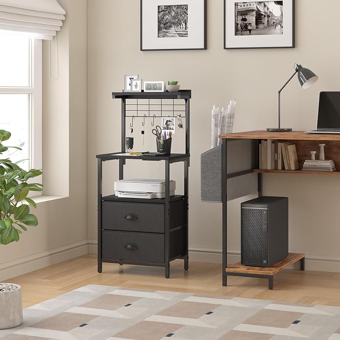 sthmec Bedside Tall Nightstands with Charging Station, LED Bedside Table for Bedroom - 3 PU Fabric Drawers, Hooks, USB/Type-C Ports & Open Bedside Shelves, Black - Image 4