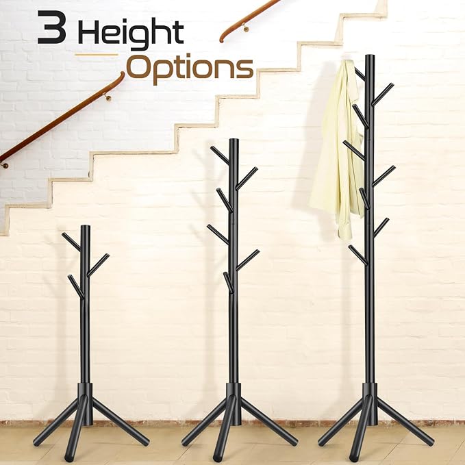 Solid Wooden Coat Rack Freestanding, New Zealand Pine Coat Tree with 8 Hooks & 3 Adjustable Sizes for Coats, Hats, Handbags and Scarves, Space Saving for Entryway/Office/Bedroom (Black) - Image 4