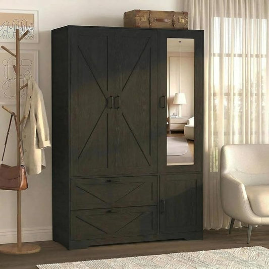 3 Doors Armoire Wardrobe Closet with Mirror Door and LED Lights,Bedroom Armoire with Drawers,Large Capacity Freestanding Armoire with Hanging Rod,Adjustable Shelves and Hooks(Black)