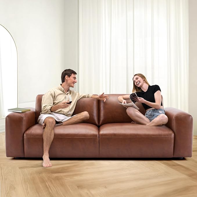 COLAMY PU Leather Sofa Couch, 95" Oversized Sofa Loveseat for Living Room, Comfy Love Seat Couch with Extra Deep Seats, Wide Arm, Down Filled 3-Seater Modern Sofa for Apartment/Lounge/Bedroom-Auburn