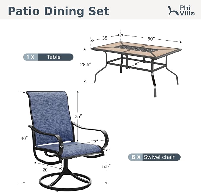 PHI VILLA 7 Piece Patio Dining Set, 6 Swivel Patio Chairs with Textilene Mesh Fabric & Rectangular Wooden-Like Dining Table(1.6" Umbrella Hole), All Weather Patio Chairs and Table Set for Deck (Blue) - Image 9