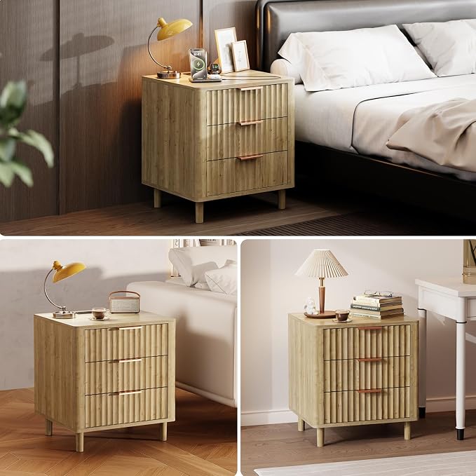 Fluted Nightstand Set of 2, Multifunctional 3 Drawers Storage Bedside Table with Charging Station, Wood Modern Nightstand, Curved Profile Design, End Table for Indoor Room Bedroom, Oak - Image 7