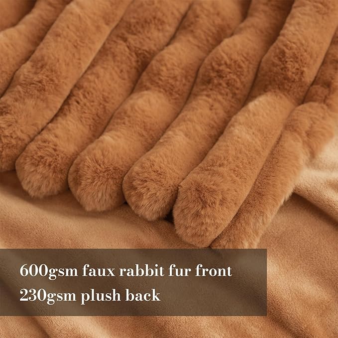 Amélie Home Faux Fur Throw Blanket for Couch, Cozy Fuzzy Fluffy Fur Luxurious Soft Striped Plush Gift Blankets for Family Sofa Chair Bedroom, 55"x70", Orange Brown