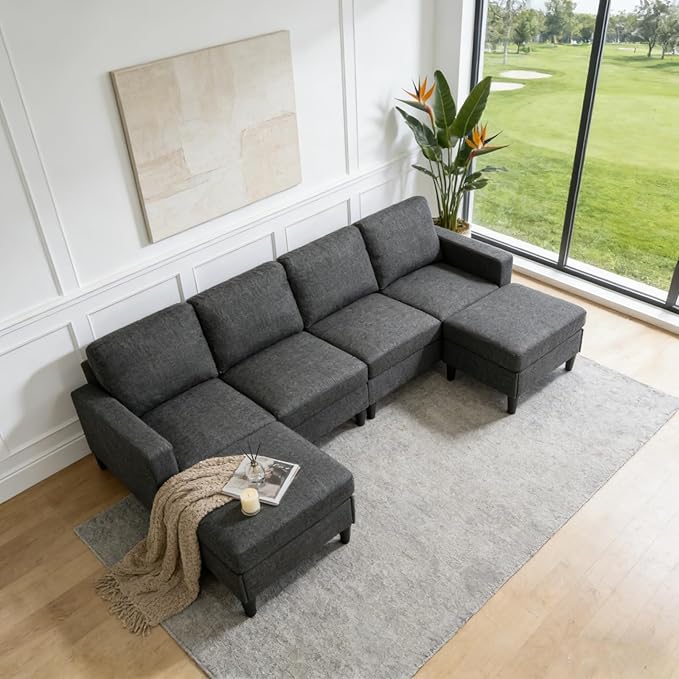 101" L-Shape Modular Sectional Couch, Convertible Linen Couch with 2 Ottomans, Modern 4 Seater Upholstered Modular Sectional Sofa for Apartment, Living Room, Charcoal Black