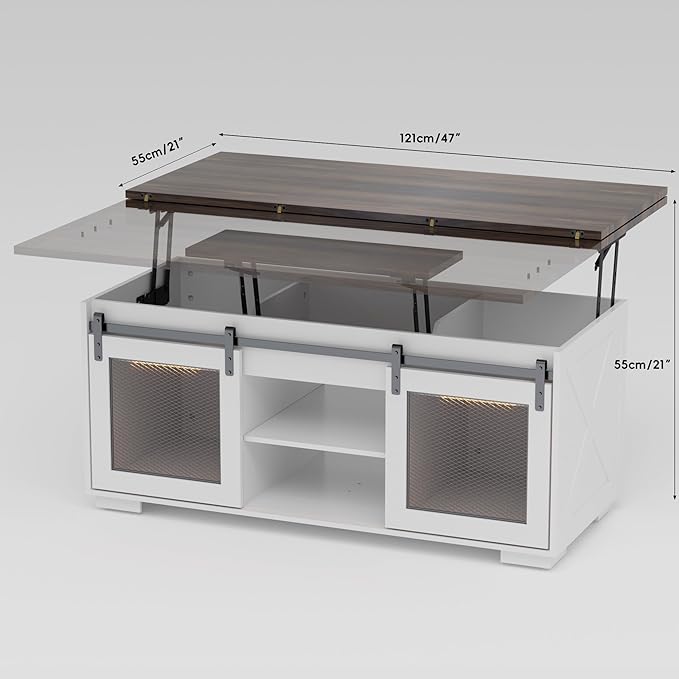 Upgraded Coffee Table with Lifting Top And Sliding Doors, Thick Panels, Industrial Metal Mesh Sides, Dual LED Accent Lights, Large Storage Center farmhouse square Table for Living Room, Cloud Drift