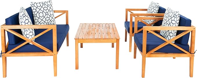 SAFAVIEH Outdoor Collection Montez Natural/Navy Blue Cushion 4-Piece Conversation Patio Set with Accent Pillows