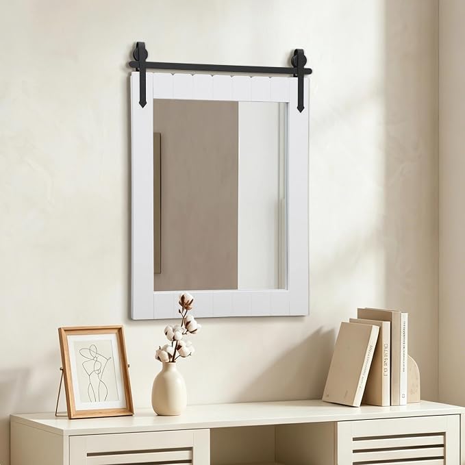 Besdomus Rustic Bathroom Farmhouse Mirror: 22"x30" White Western Barn Door Solid Cedar Wood Frame Vanity Mirror - Wall Mounted for Bathroom/Hallway/Living Room - Rustic Decor for Fashion-Conscious - Image 3