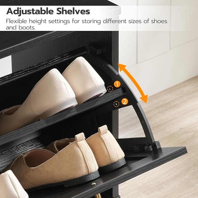 HOOBRO Shoe Bench with Storage, Shoe Storage Bench with 2 Flip Drawers, 39.4" Shoe Cabinet with Bench, Hidden Shoe Rack Organizer for Entryway, Foyer, Hallway, Mudroom, Black and Gold DB48HX01 - Image 6