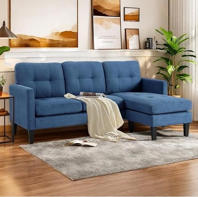 L Shaped Sectional Sofa with Movable Ottoman, Lounge Sectional Sleeper Sofa Couch for Apartment & Small Space, Small Couch for Living Room, Blue