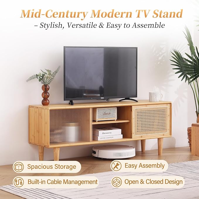 Tiita Rattan TV Stand for 55 Inch TV, Bamboo TV Cabinet with Adjustable Shelf and Storage, Boho Entertainment Center, Mid Century Modern Media Console for Bedroom, Living Room, Study (Natural) - Image 4