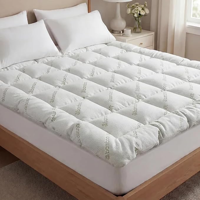 Premium Quilted 1000GSM Luxury Extra Thick Mattress Topper - Sleep Cooler Tonight with the Power of Bamboo, Hotel-Like Comfort for Hot Sleepers, Deep Pocket 8-21" (Bamboo-White, Queen)