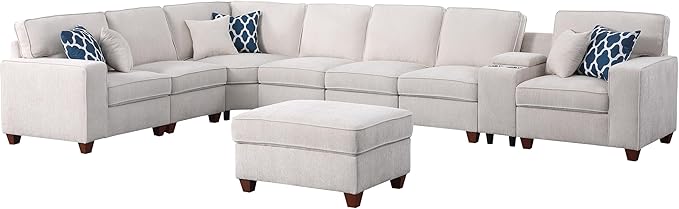 ERYE 151-Inch U-Shaped Sectional Sofa Chenille Upholstered Corner Convertible Sectional,9 PCS Modular Couch with Ottoman,Storage Console, Cupholders and Charging Station