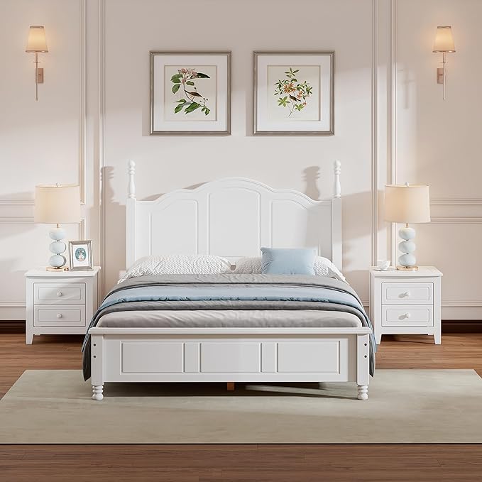 Harper & Bright Designs 3 Pieces Full Bedroom Sets, Wooden Platform Bed with 2 Nightstands, Retro Design Full Bedroom Furniture Sets, Easy to Assemble (White)