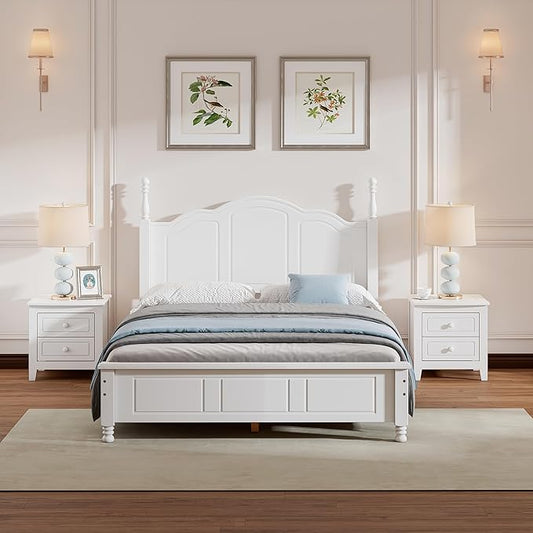 Harper & Bright Designs 3 Pieces Full Bedroom Sets, Wooden Platform Bed with 2 Nightstands, Retro Design Full Bedroom Furniture Sets, Easy to Assemble (White)