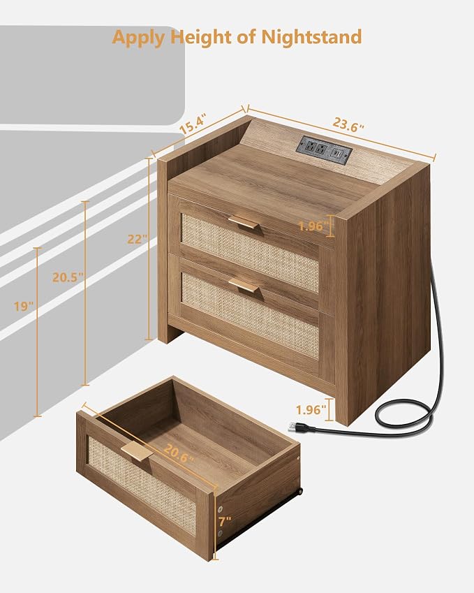 SICOTAS Rattan Nightstand End Table - Night Stand Bedside Table with Type-C Charging Station, 2 Drawers Storage - Boho Night Stands for Bedroom - Natural Oak - Image 2