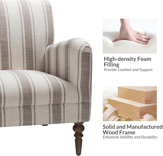 HULALA HOME Modern Accent Chair with Arms and Wooden Legs, Comfy Upholstered Armchair for Living Room, Bedroom (Stripe Pattern, Tan)