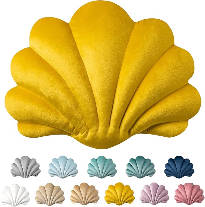 Ashler 3D Throw Pillows Shell Shaped Accent Throw Pillow, Soft Velvet Insert Included Cushion for Couch Bed Living Room, Pack of 1, Yellow, 14 X 11 inches