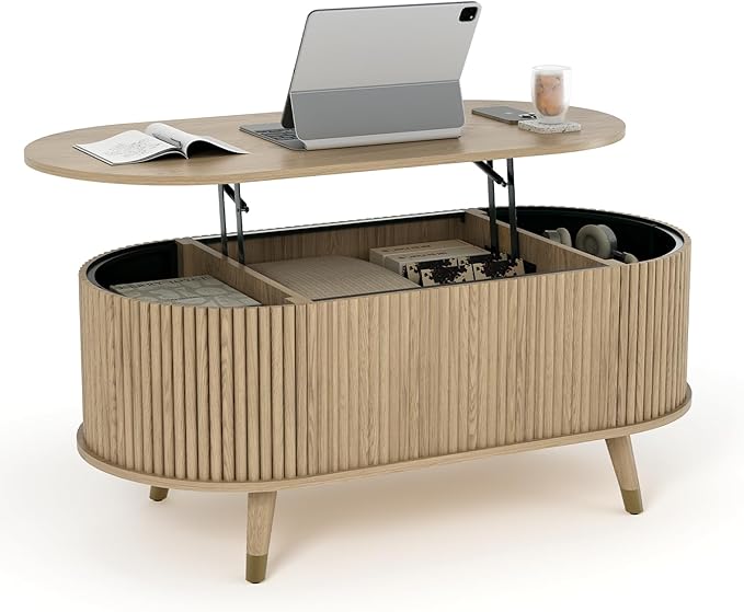 42.5" Oval Lift Top Coffee Table with Storage, Mid Century Modern Oak Center Table with Fluted Design, Solid Wood Legs & Hidden Compartment, Pop Up Cocktail Table for Living Room