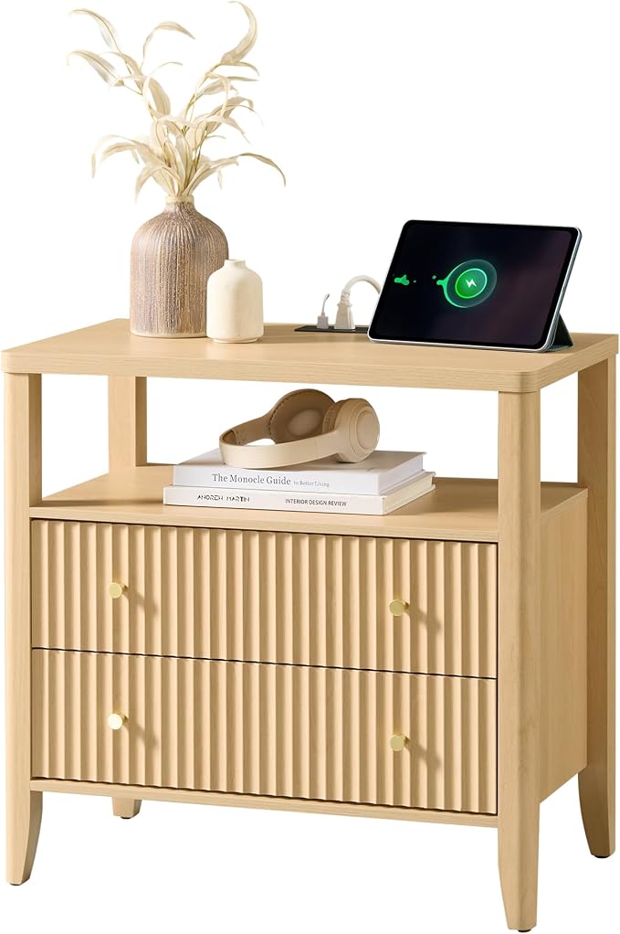 Fluted Nightstand with Charging Station Set of 2, 27.3" Wide Modern Bedside Table with 2 Drawers & Open Shelf, Large Wood End Table with Storage & Metal Handle for Bedroom, Natural Wood - Image 7