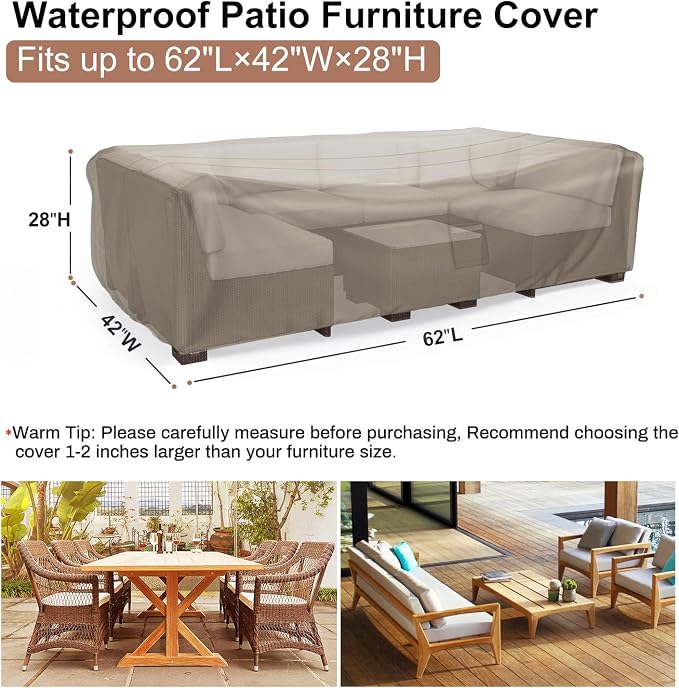 Mrrihand Heavy Duty Patio Furniture Covers, Outdoor Furniture Covers Waterproof Sectional Sofa Set , Patio Table and Chair Set Cover 62"L×42"W×28"H,Brown - Image 2