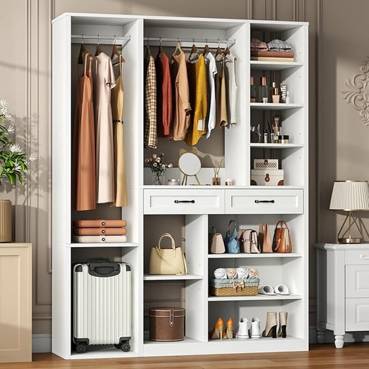 Armoire Wardrobe Closet with 2 Drawers, 81” H Wooden Wardrobe Closet with 10 Storage Shelves and 2 Hanging Rod, White Modern Armoire, Clothing Storage Cabinet Organizer Combination, Bedroom Furniture