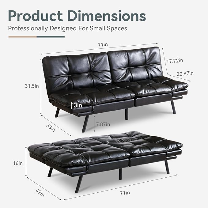 Futon Sofa Bed Convertible Couch, Black Faux Leather Sofa Bed with Memory Foam, Adjustable Backrest & Armrests, Multifunctional Small Loveseat Sleeper Sofa for Living Room, Apartment, Office