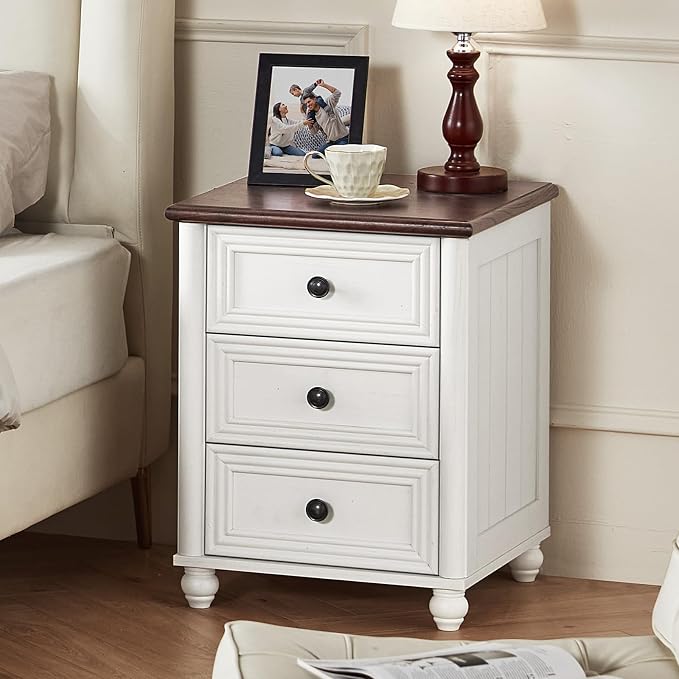 RWYHG 18" Farmhouse Night Stand, White Wood Nightstand with 3 Drawers, Bedside End Table with Storage and Roman Column, Bed Side Tables Cabinet for Bedroom, Living Room, and Closet - Image 6