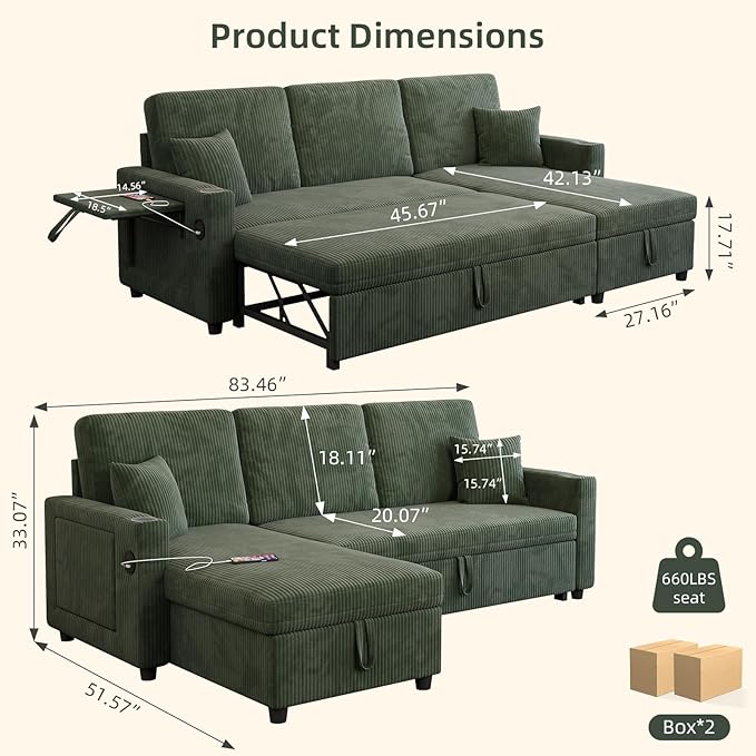 L-Shape Sleeper Sofa with Storage & Ports, Pull-Out Couch Bed with Cup Holders, Side Pockets & Side Table for Living Room, Apartment, Green
