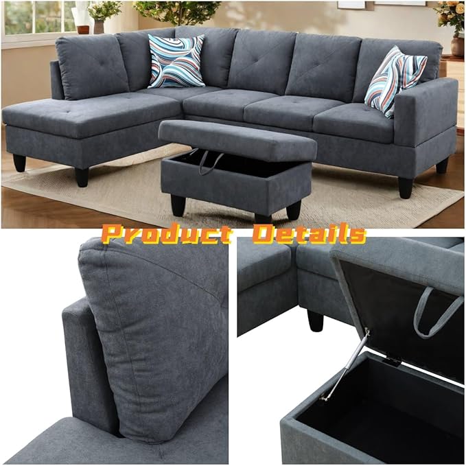 FONTOI L Shaped Sectional Couch with Otttoman, 97" Sectional Sofa for Living Room Flannel Modular Couches with Cup Holders for Bedroom, Apartments, Dark Grey