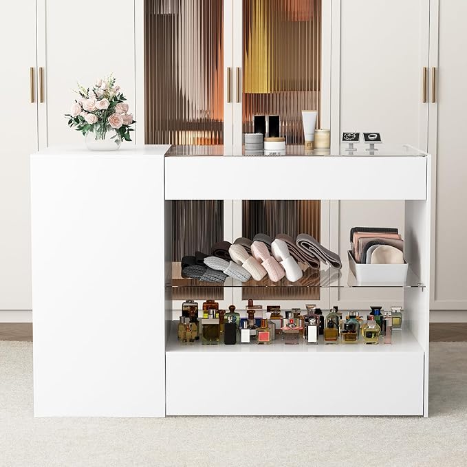 Homsee Wardrobe Armoire Bedroom Island with Glass Top, Glass Display Shelf & 6 Drawers, Wooden Closet Storage Cabinet with Open Shelves for Bedroom, Shops, White