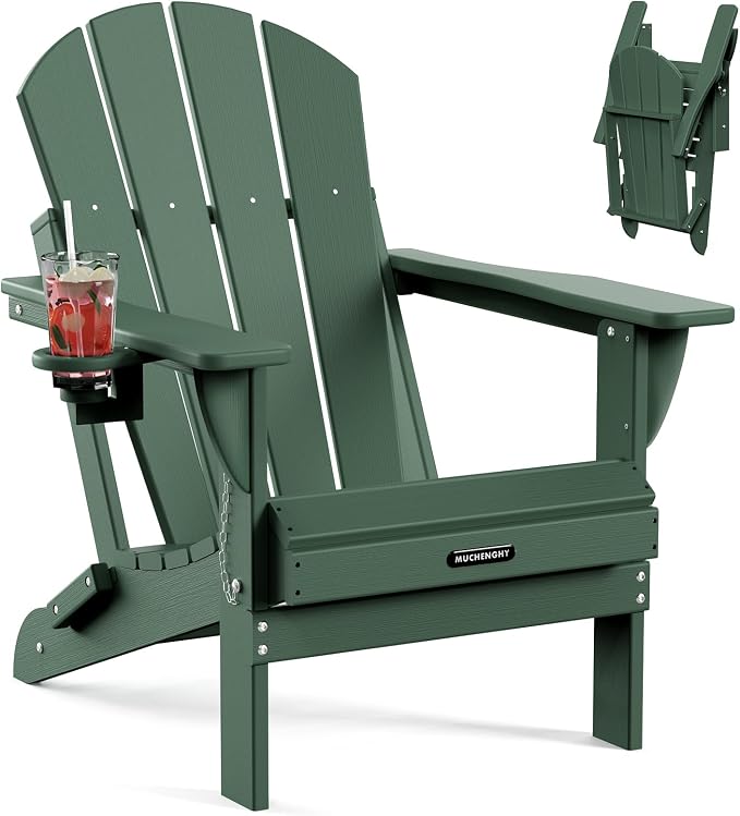 MUCHENGHY Folding Adirondack Chairs, Patio Chairs, Lawn Chairs, Outdoor Chairs, Adirondack Chair Plastic, Fire Pit Chairs, Weather Resistant with Cup Holder for Deck, Backyard, Garden(Green) by MUCHENGHY