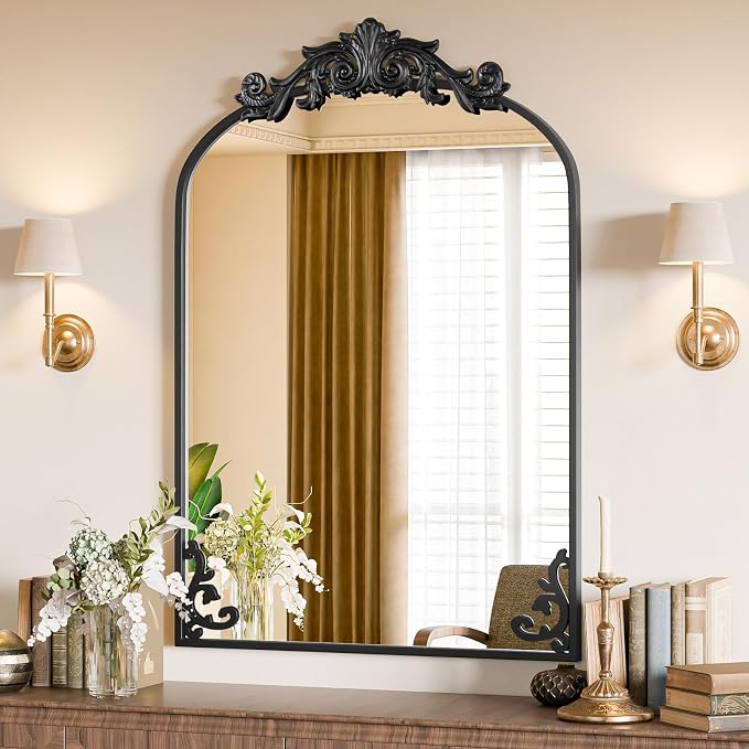 Koonmi Vintage Mirror, 26x38 Retro Wall Mounted Vanity Mirror, Tempered Glass, Detachable Flower Head, Black Antique Decorative Arched Mirrors for Bathroom Entryway Fireplace Hallway - Image 7